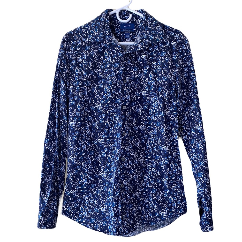 APT.9 Blue Floral Button Down Slim Fit Dress Shirt